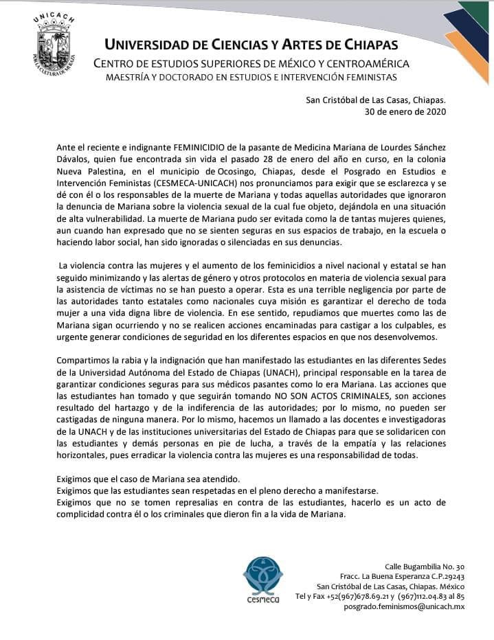 Pronunciamiento de los Posgrados en Estudios e Intervención Feministas 21 01 30
