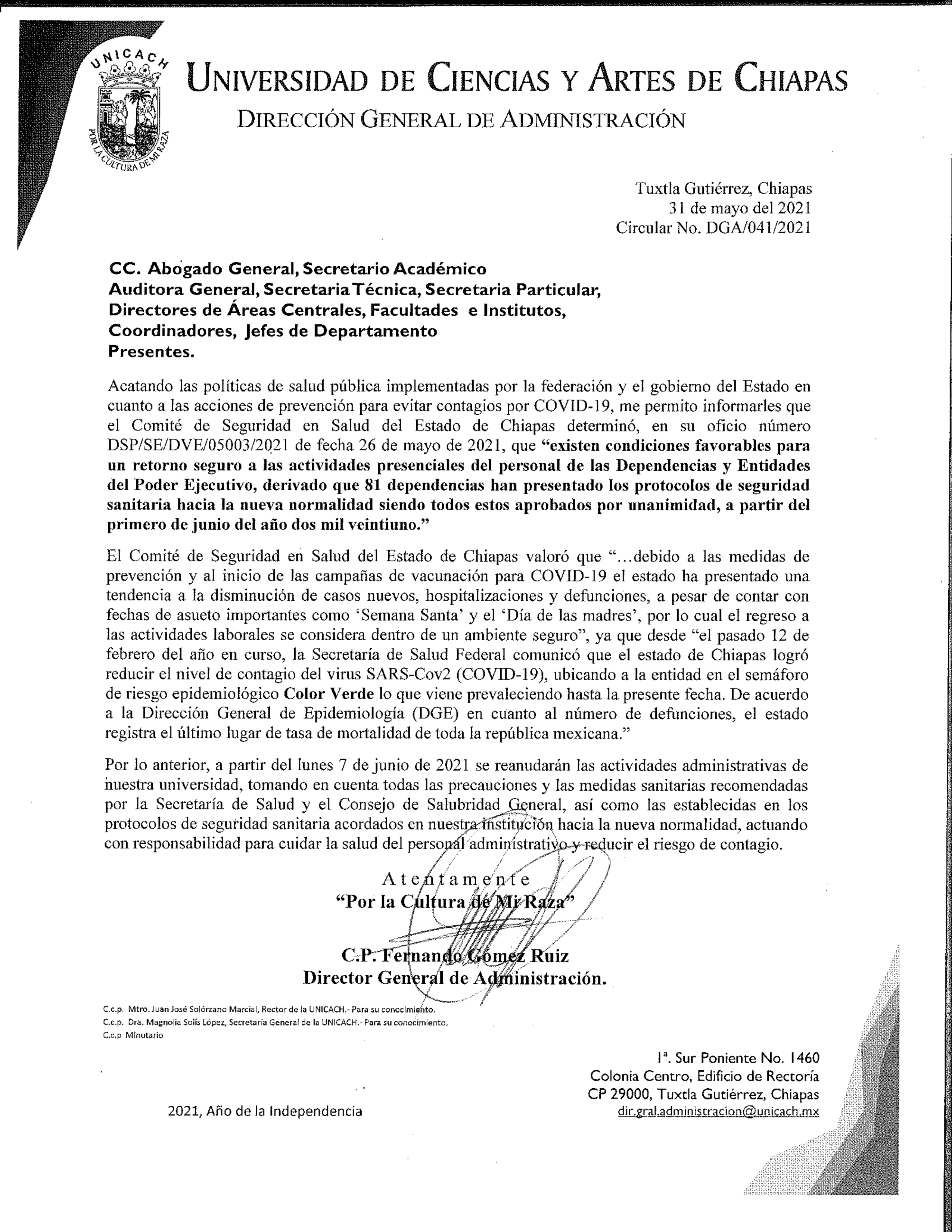 CIRCULAR DGA 041 2021 RETORNO A LABORES PRESENCIALES